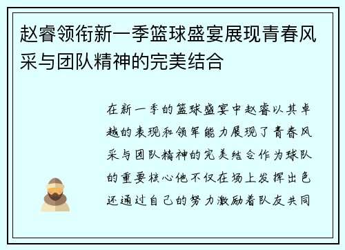 赵睿领衔新一季篮球盛宴展现青春风采与团队精神的完美结合