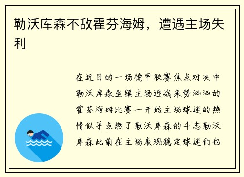 勒沃库森不敌霍芬海姆，遭遇主场失利