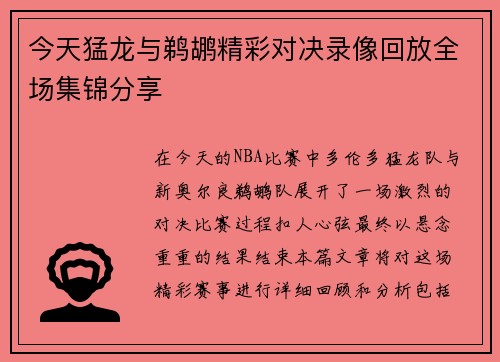 今天猛龙与鹈鹕精彩对决录像回放全场集锦分享
