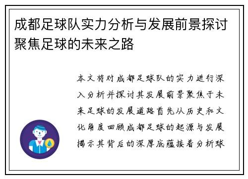 成都足球队实力分析与发展前景探讨聚焦足球的未来之路