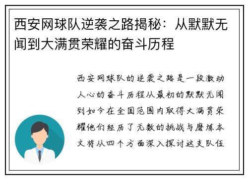 西安网球队逆袭之路揭秘：从默默无闻到大满贯荣耀的奋斗历程