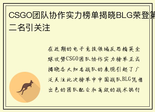 CSGO团队协作实力榜单揭晓BLG荣登第二名引关注