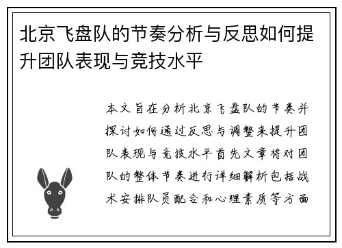 北京飞盘队的节奏分析与反思如何提升团队表现与竞技水平