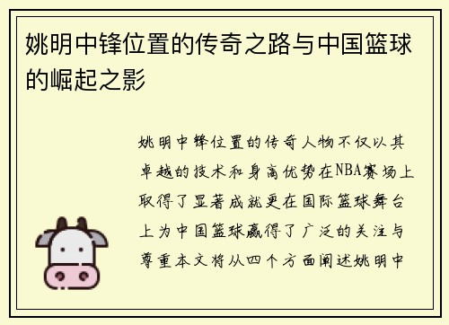 姚明中锋位置的传奇之路与中国篮球的崛起之影