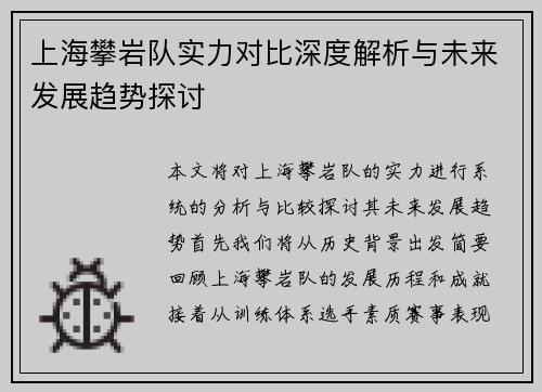 上海攀岩队实力对比深度解析与未来发展趋势探讨